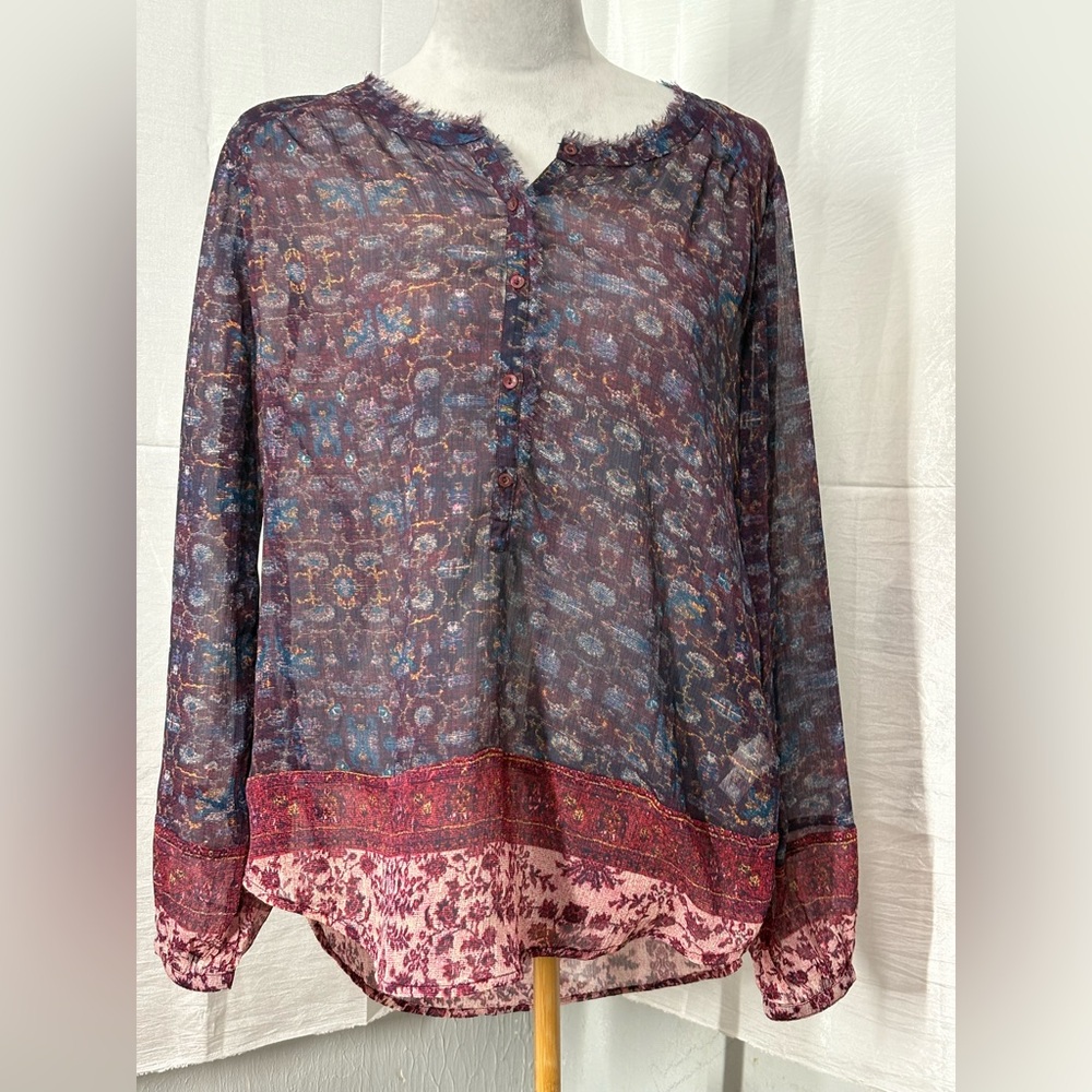 Lucky Brand Womens M Purple Button Up Floral Sheer Tunic Top Shirt Blouse